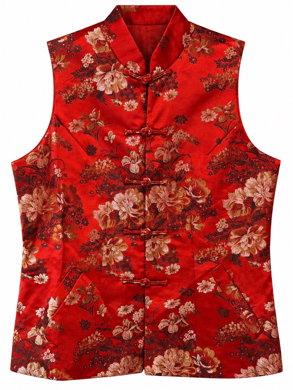 Jin Red Floral Brocade Tang Suit Mandarin Sleeveless Frog Closure Vest Top
